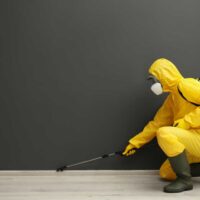 Pest control person in a yellow jumpsuit spraying chemicals along baseboards