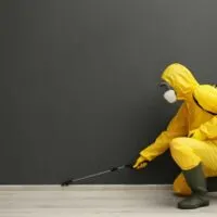 Pest control person in a yellow jumpsuit spraying chemicals along baseboards