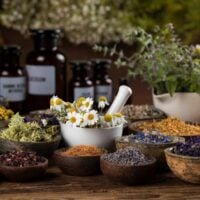 Variety of bowls and bottles with dried flowers and essential oils
