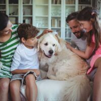 Family circled around their golden retriever