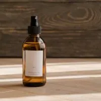 Bottle with an eyedropper lid, sitting on a table with a dark wood background