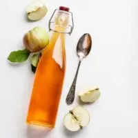 Bottle of apple cider vinegar laying on its side next to a spoon, an apple, and apple slices