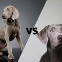 a Weimaraner photo meeting on the diagonal to a photo of a silver lab with the letters VS in the middle