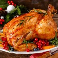 Thanksgiving turkey with trimmings on a white platter