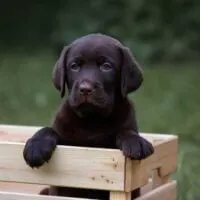 Black Lab Puppy in a wooden vegetable crate outdoors