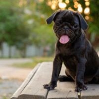 Black pug puppy on a park bench outdoors